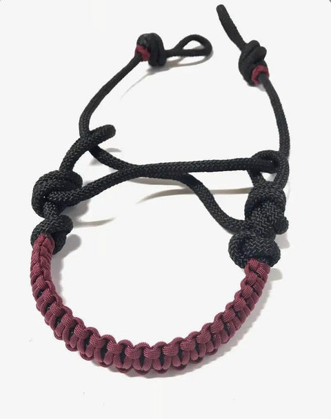Burgundy Bitless Bosal Attachment For Your Headstall, Budget Friendly Horse Tack That Lets You Try Bitless Riding With Easy Setup, Secure Reins On The Bottom Loop, And No Bit Required, made of burgundy and black nylon paracord