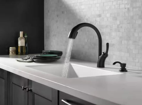 Matte Black Kitchen Faucet With Mid-Rise Pull-Out Sprayer For Single-Hole Install on marble sink with running water