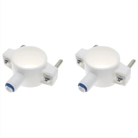 Two white Drill In Drain Saddle Valve Clamp 1/4 Inch Quick Connection For Under Sink Water Filtration RO Systems, side by side
