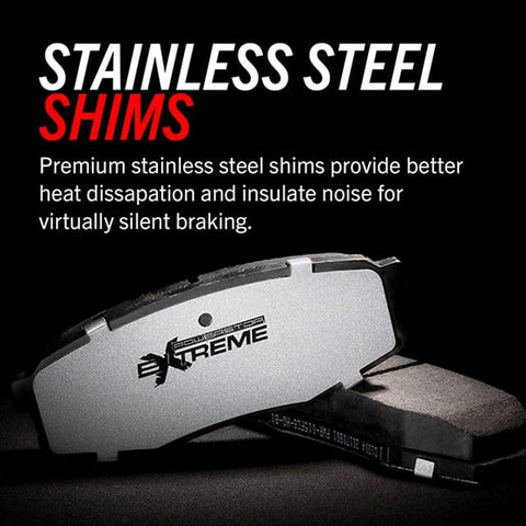 Front brake pad pair with stainless steel shims and installation hardware