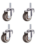 Front view: set of four Norgail 1-inch swivel caster wheels with M6x15mm threaded stems and soft brown rubber tires
