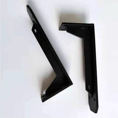 Built Tough Heavy Duty Wall Mount Brackets Rock Solid L Shaped Floating Supports Durable Steel close-up view of two black brackets.