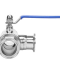 Front view of 2-inch tri-clamp stainless steel sanitary ball valve with blue lever handle
