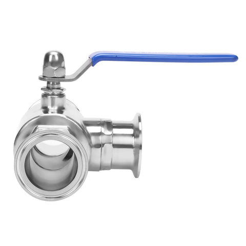 Front view of 2-inch tri-clamp stainless steel sanitary ball valve with blue lever handle