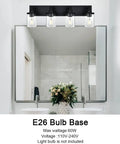 4 Light Vanity Fixture With Crystal Clear Glass Shades In Matte Black Industrial Style For Over Mirror In Bathrooms And Powder Rooms, mounted over bathroom mirror with E26 bulb base.