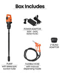 Box includes Heavy Duty Electric Drum And Ibc Tote Pump Pushes 5 Gpm Effortless, with power adapter and flexible hose.