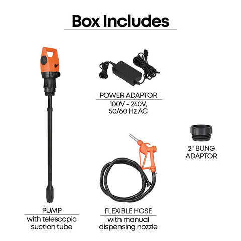 Box includes Heavy Duty Electric Drum And Ibc Tote Pump Pushes 5 Gpm Effortless, with power adapter and flexible hose.