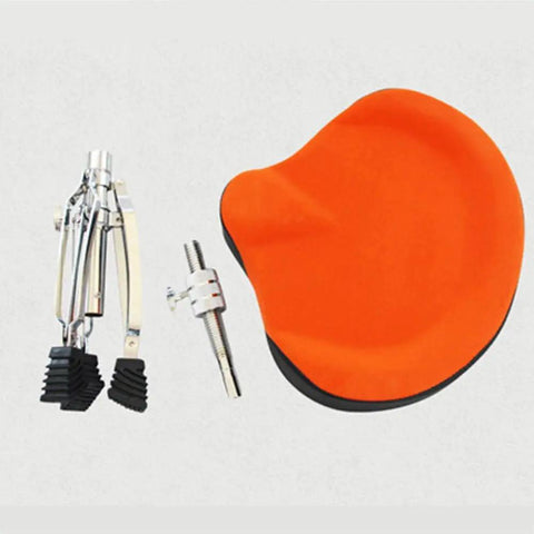 Rock Solid Height Adjustable Drum Throne With Dope Plush Suede Seat And Motorcycle Inspired Frame Featuring Anti Slip Legs For Smooth Ride Comfort During Studio Riffs Or Couch Jams In Sharp Orange parts displayed including chrome frame and cushion.