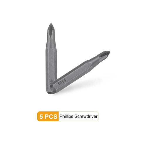 PH0 Phillips Screwdriver Bit Set 5 Pieces Pro Grade 28mm Length, showing two bits with magnetic cross heads and S2 steel