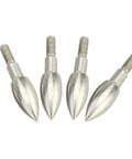 Four stainless steel arrow tips from 12 Pcs Archery Field Points Set Screw In Arrow Tips 100 150 200 250 300 350 Grain Black Stainless Steel 9 64 Inch Diameter Easy Install For Target Practice And Training placed side by side.