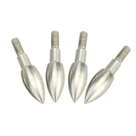 Four stainless steel arrow tips from 12 Pcs Archery Field Points Set Screw In Arrow Tips 100 150 200 250 300 350 Grain Black Stainless Steel 9 64 Inch Diameter Easy Install For Target Practice And Training placed side by side.