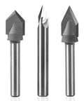 Kickass V Groove Router Bits Set With Quarter Inch Shanks Designed For Precision Woodworking and Cnc Projects Hella Tough Alloy Steel gives a close-up view of three router bits.