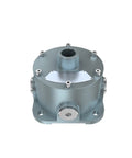 Explosion-proof junction box, angled front view, round metal enclosure with 3/4-in hubs, UL844 rated, water resistant