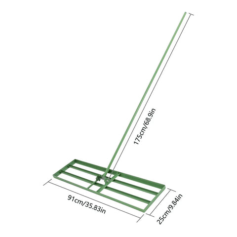 Heavy Duty Lawn Leveling Rake With 180 Degree Adjustable Head And 5.74 Feet Long Handle, showing dimensions 91x25cm.