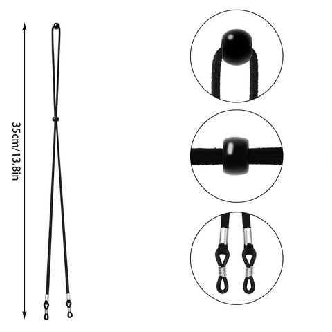 Six Pack Glasses Straps For Sports Eyewear Adjustable Sunglasses Lanyard Neck Cord Retainers For Men And Women Durable Suede Strap With Comfortable Fit And Secure Hold All Day shown in black with measurement details.