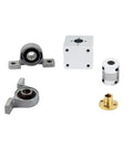 Components of 3D Printer Lead Screw T8 8Mm OD 2Mm Pitch With Horizontal Nut Set, includes bearings, nut, and coupler.