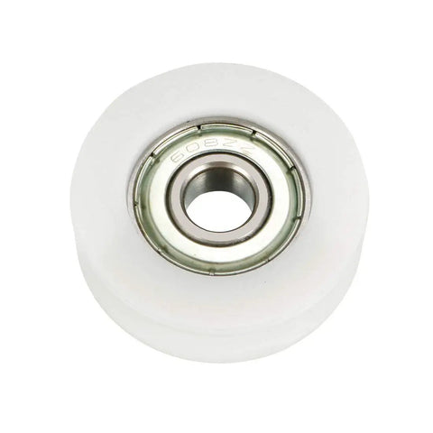 Kickass Smooth Glide 2 Pack Nylon Flat Belt Pulley Wheel With Precision Sealed Ball Bearing For Silent Linear Motion And Hardcore Build Quality For Any Workshop Job, white pulley with bearing detail.