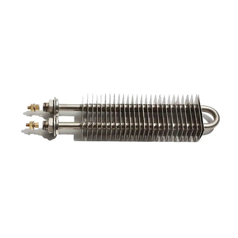 Electric Finned Tubular Heater With Tough Square Build And Solid Copper Threads Pumps Out Quick Heat For Hassle Free Air Drying On Your Shop Floor At 230 Volts Pro Grade, showing finned design and copper threads.