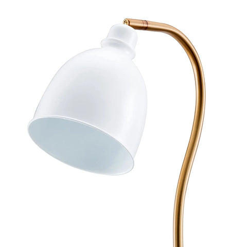 Adjustable Arc Floor Lamp With Brass Metal Shade close-up view, featuring brass-finish stem and white dome shade.
