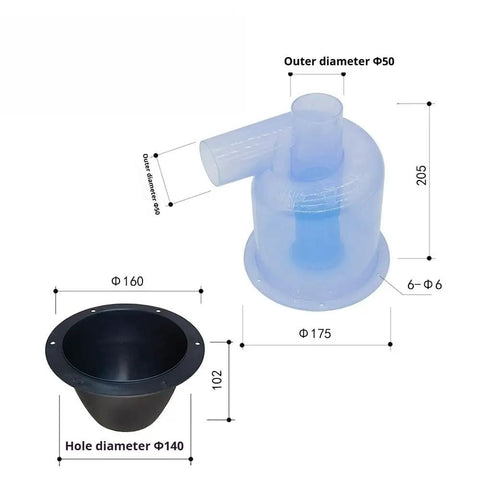 Heavy Duty Cyclone Dust Collector With Clear Turbo Separator For Woodworking Shop, showing clear separator and black connector dimensions.