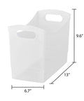 Slick 12 Quart Clear Storage Bins With Built In Carry Handles Narrow Rectangular Organizer Containers For Pantry Closet Cabinet Shelf And Home Organization Straight Up Durable Two Pack measuring 13x6.7x9.6 inches.