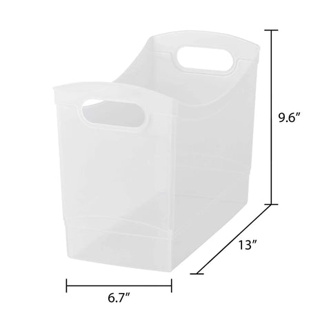 Slick 12 Quart Clear Storage Bins With Built In Carry Handles Narrow Rectangular Organizer Containers For Pantry Closet Cabinet Shelf And Home Organization Straight Up Durable Two Pack measuring 13x6.7x9.6 inches.
