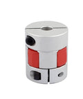 Top Shelf Aluminum Shaft Coupler For Motors And Gadget Mods 6.35mm To 10mm Bore 30mm Length with red accents and metal finish.