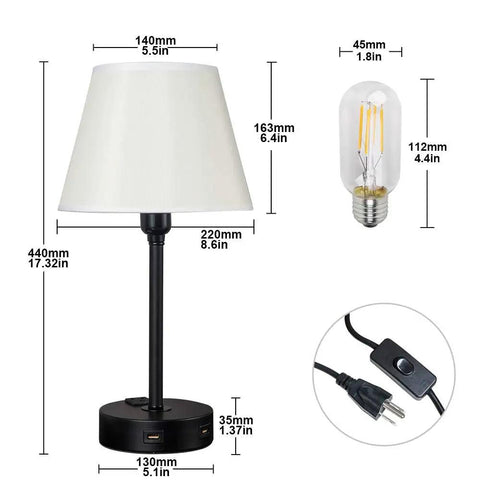Dimensions and components of Lit Touch Control Table Lamp With Dual USB Ports And AC Outlet, 3 Way Dimmable, White Fabric Shade