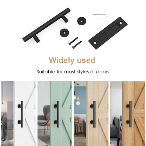 12 Inch Sliding Barn Door Handles Hardware With Flush Finger Pull, Double Sided Design, showing black finish installed on doors.