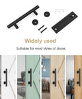 Two Pack 12 Inch Sliding Barn Door Handles Matte Black Hardware With Flush Finger Pull, shown installed on various doors