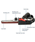 Heavy Duty Belt Sander Adapter For Angle Grinder Featuring Five Eighth Inch Thread showing working arm, dust tube, and sand belt lock details.