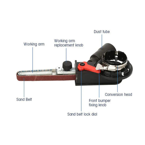 Heavy Duty Belt Sander Adapter For Angle Grinder Featuring Five Eighth Inch Thread showing working arm, dust tube, and sand belt lock details.