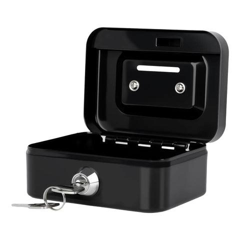 Open compact cash box with slot and key lock, showing removable money tray. Black metal money safe with keys.
