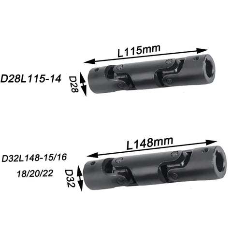 Solid Three Section Cross Universal Joint Coupler That Runs Incredibly Slick And Handles Heavy Workloads While Snugly Fitting 14 15 16 18 20 Or 22Mm Shafts For Fast Swap Ups, showing dimensions L115mm and L148mm.