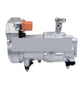 Electric Air Conditioning Compressor And Cooling Pump Assembly For Tesla Model 3 And Model Y with silver metal finish and connectors.