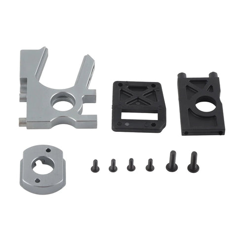 1/8 scale RC brushless motor mount kit: gray aluminum base with black plastic mounting plates and screws.