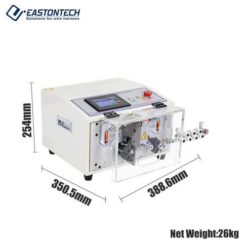 Automatic Cable Wire Cutting And Stripping Machine With Touch Screen, dimensions labeled, AWG 11-32 compatibility visible