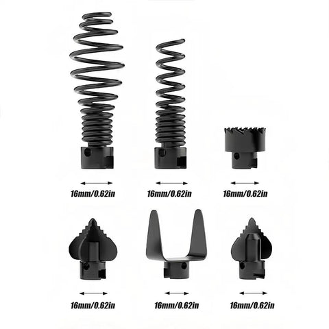 Slash Your Plumbers Bill By Crushing Stubborn Kitchen And Bath Drain Clogs With This Heavy Duty Electric Drain Cleaner Cutter Head Kit showing various cutter heads.