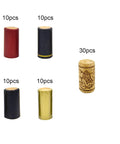 Top Shelf 30 Pack Natural Cork Wine Bottle Stoppers With 40 PVC Heat Shrink Caps In Four Bold Shades displaying assorted wine stoppers.
