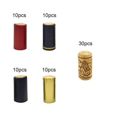 Top Shelf 30 Pack Natural Cork Wine Bottle Stoppers With 40 PVC Heat Shrink Caps In Four Bold Shades displaying assorted wine stoppers.