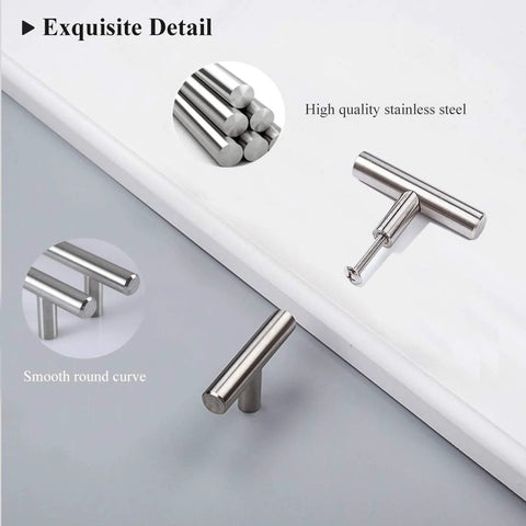 Brushed Nickel 5 Pack Single Hole Cabinet Knobs And Stainless Steel T Bar Handles Set; close-up of design and quality detail