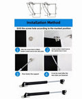 Installation guide showing steps to mount Heavy Duty 6 Inch Gas Struts Lift Supports For Cabinets Toy Boxes Tool Boxes And Cars Soft Open Lid Hinge