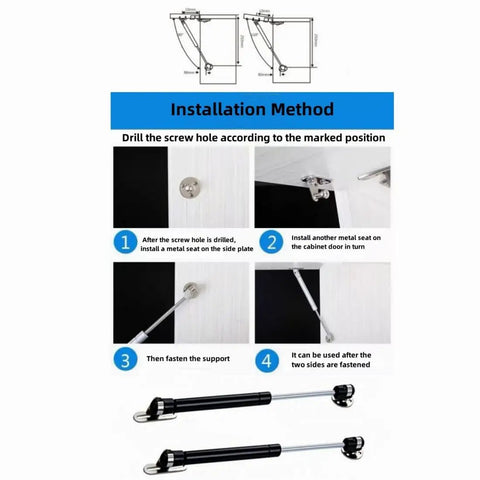 Installation guide showing steps to mount Heavy Duty 6 Inch Gas Struts Lift Supports For Cabinets Toy Boxes Tool Boxes And Cars Soft Open Lid Hinge