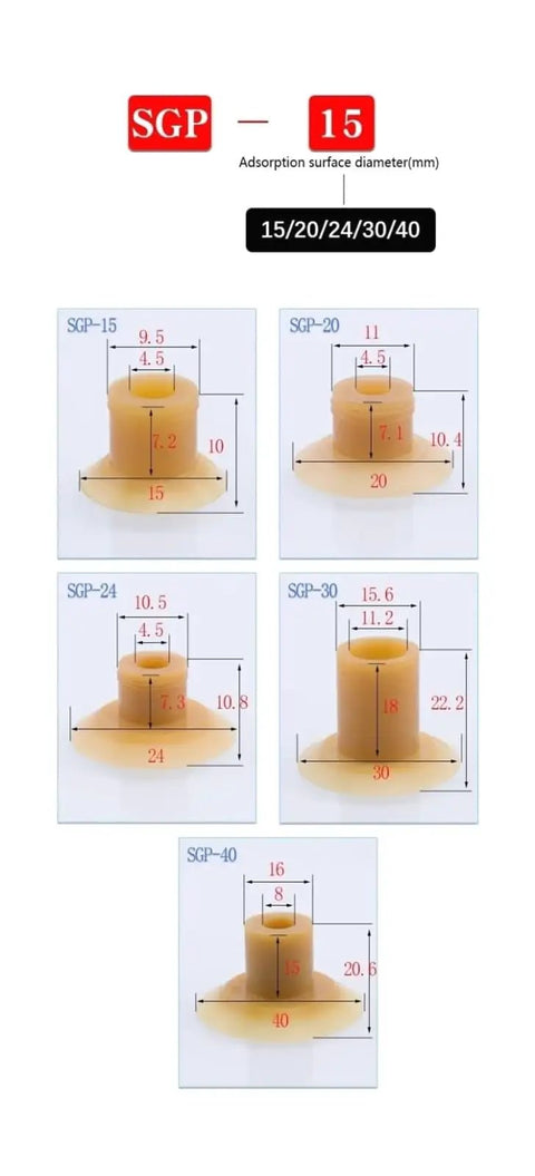 Durable Silicone Vacuum Suction Cups Kit With Five Piece Set Ranging From 15mm To 40mm Diameter, showing sizes SGP-15, SGP-20, SGP-24, SGP-30, and SGP-40, perfect for pneumatic manipulators.
