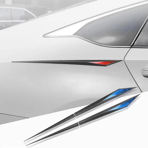 Premium TPU Protective Exterior Decals For Tesla Cybertruck Body Line Trims And Hood Graphics with red and blue accents.