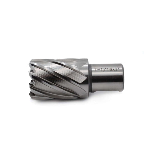 Oscarbide annular cutter with 3/4 in Weldon shank, 1-1/16 in cutting diameter, 1 in depth.