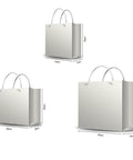 Diagram showing three sizes of Blue Paper Bags Set Of 30 Premium 3D Cut Totes with measurements for Small, Medium, and Large bags.