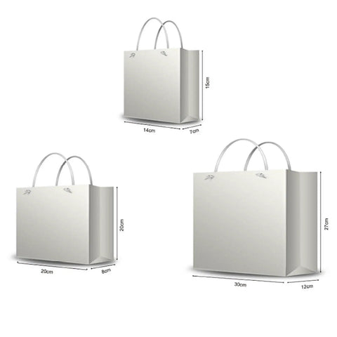 Diagram showing three sizes of Blue Paper Bags Set Of 30 Premium 3D Cut Totes with measurements for Small, Medium, and Large bags.