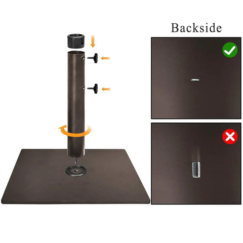 Heavy Duty Square Umbrella Base With Steel Plate Stand For Patios Up To 160 Lbs, Reddish Brown Finish, tightening knobs detail