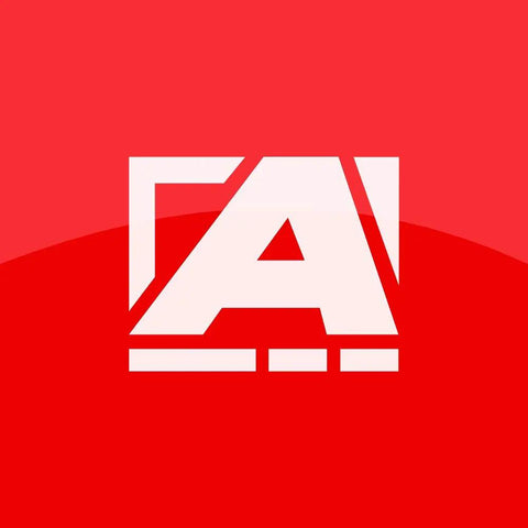 Red background with stylized white 'A' logo overlaid, design element.